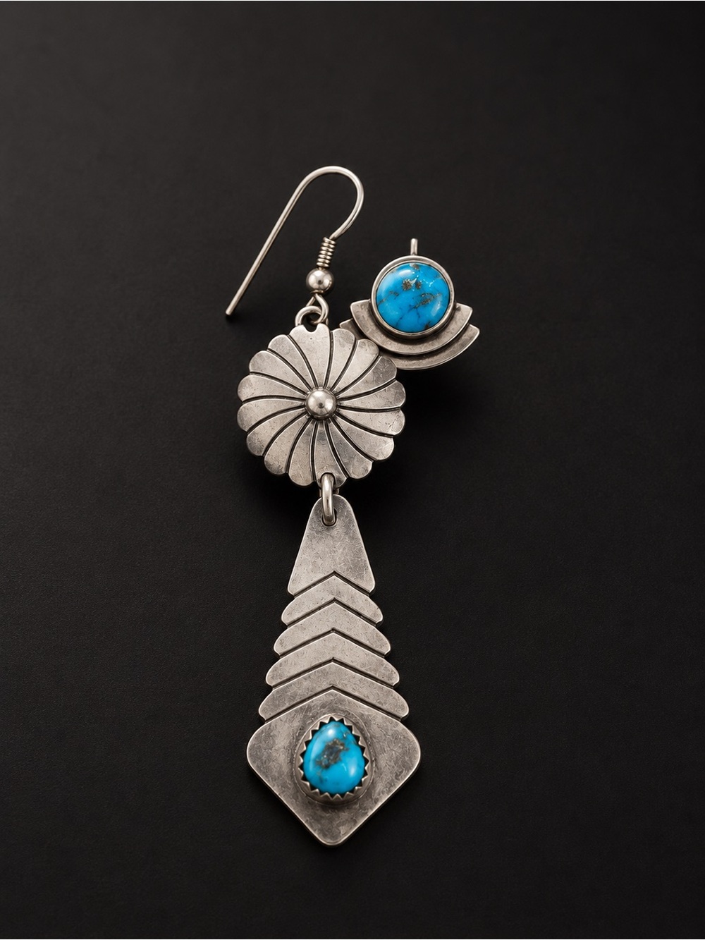 Native American dangle earrings Kingman turquoise, sterling silver, "concho"